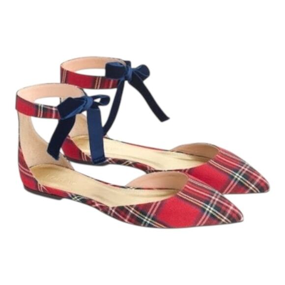 J.CREW Royal Stewart Plaid-Inspired D’Orsay Flats Size 9 Blue Velvet Strap EUC - Picture 1 of 6